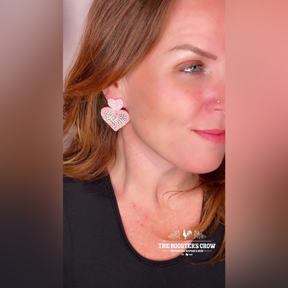 Pink Seed Bead Heart Post Earrings